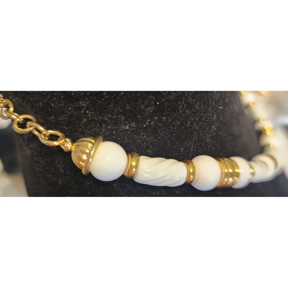 Vintage Monet White Lucite and Gold Tone Beaded Collar Necklace Adjustable Hook